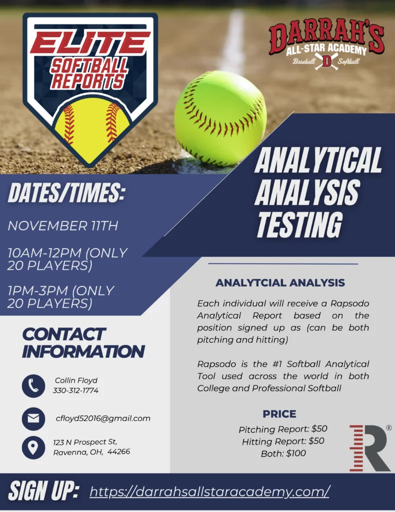 Baseball and softball analytical analysis testing flyer for Darrah's All-Star Academy.